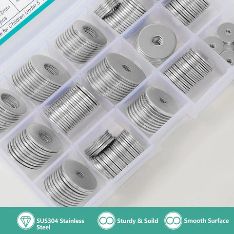 SUS304 stainless steel flat washers in clear plastic organizer, 225 pcs, 15 sizes (M3–M12), smooth finish.