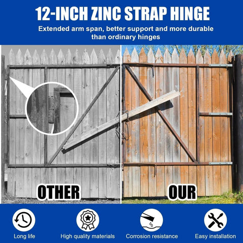 Comparison of gate using 12 inch zinc strap hinges versus standard hinges, highlighting benefits of 4 Pack 12 Inch Zinc Strap Hinges For Gates