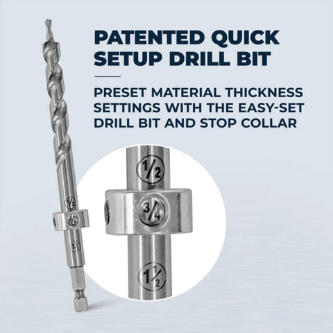 Patented quick setup drill bit with easy-set stop collar visible, showing preset material thickness settings.