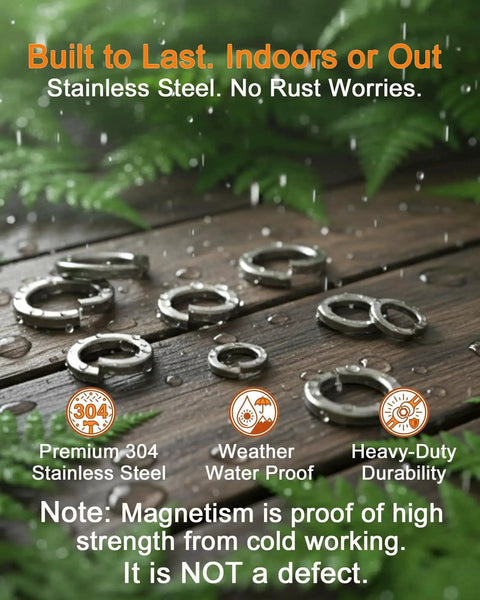YoSpciaNe 445-piece lock washer set; metric 304 stainless steel split washers (M3–M12) on wood top view