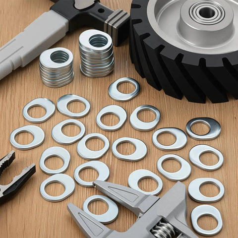 40 Pack Offset Wheel Washers Compatible With Most Wheels And Tire Repair Tools, galvanized steel, surrounded by tools and a tire model