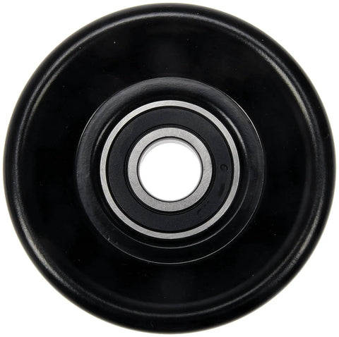 Front view of Accessory Drive Belt Idler Pulley For Dodge And Jeep Dorman 419 672 Direct Replacement, black color, round with bearing