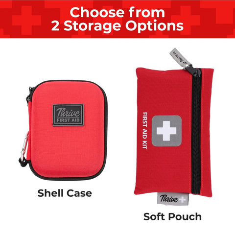 Mini First Aid Kit For Travel And Adventure By Thrive, 66 Piece Red Shell Case and Soft Pouch Options for Emergencies
