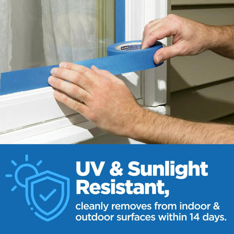 Applying Multi Surface Painter Tape 1 Inch Wide Blue Masking Tape 60 Yards to window trim, UV and sunlight resistant for indoor and outdoor use.