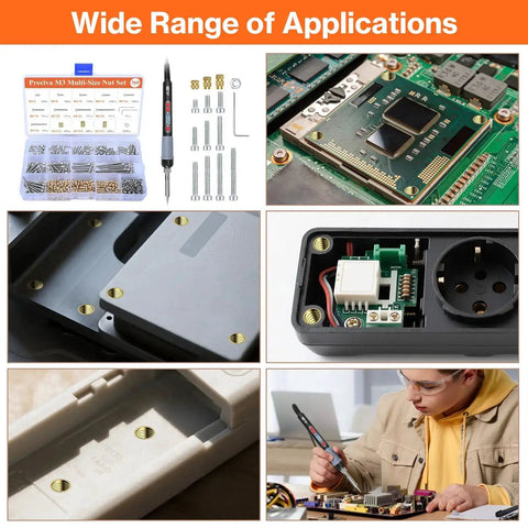 Wide range of applications using Heat Set M3 Threaded Inserts Kit With 60W Digital Soldering Iron 360Pcs shown in various projects.