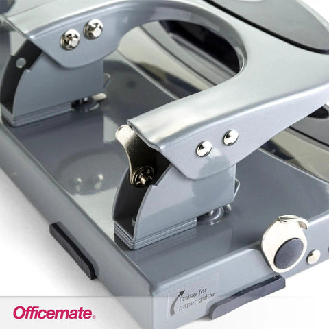 Close-up of Deluxe 3 Hole Punch With Chip Drawer Heavy Duty Paper Punch Delivers Clean 45 Sheet Capacity Ergonomic Padded Handle