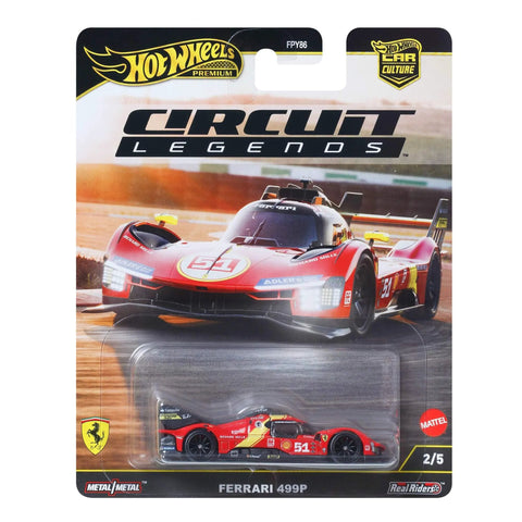 Premium Car Culture 1:64 Die-Cast Ferrari 499P Collectible With Real Riders Tires in AF Corse Livery on circuit-themed packaging