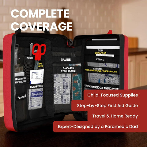 Open Kids Portable First Aid Kit With CPR Shield showing organized supplies for travel and home by Life Safety Pro