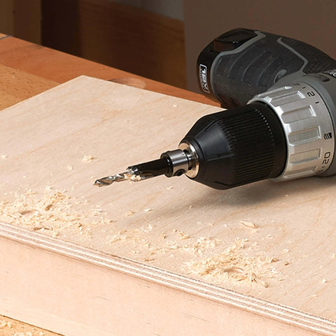 Close-up of a drill with Carbide Tipped Countersink Set With Brad Point Pilot And Adjustable Screw Length Three Eighths Inch Countersink