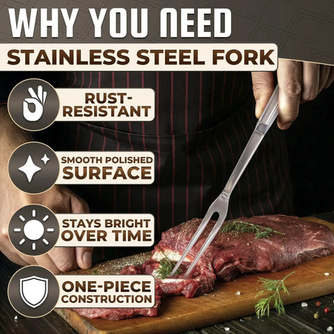 Meat Carving Fork 11 Inch Stainless Steel With Ergonomic Two Prong Handle in use on steak, highlighting features.