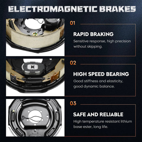 Two 12x2 inch electric trailer brake assemblies (left and right) shown in an automotive parts infographic.