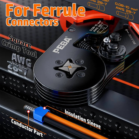 Pro Grade Ferrule Crimping Tool Kit With Self Adjusting Ratchet For AWG 28 To 7, square ferrule crimp plier close-up.