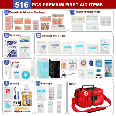 516 Piece First Aid Kit for Car Travel and Home With Waterproof Case and Labeled Compartments Molle Shoulder Strap displayed contents