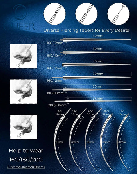 Chart showing diverse piercing tapers for 16G 18G 20G body piercings in surgical steel with needle lengths and dimensions.