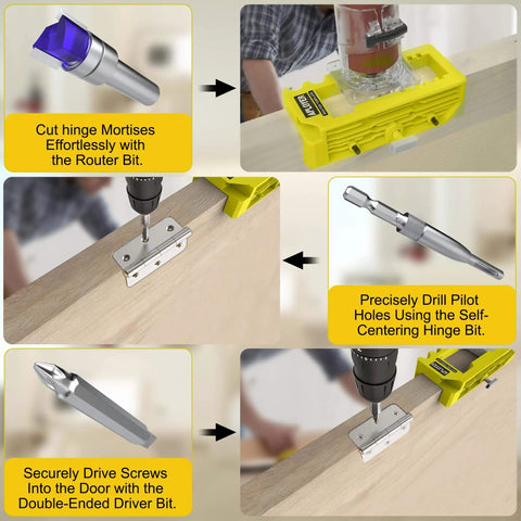 All In One Door Hinge Jig For 3 To 5 Inch Hinges With Square And Radius Corners Pro Grade Door Mortise Template For One Quarter And Five Eighths Inch Hinges Hinges No Fuss Install Yellow, demonstrating the installation process with tools