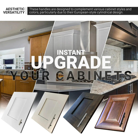 20 Pack Solid Steel Brushed Nickel Euro Style Bar Pulls For Cabinets Cupboards Drawers And Doors With 3 Inch Hole Centers And 6 Inch Overall Length Ideal Durable Hardware For Kitchen Bathroom Cabinets And Furniture P9311876BN showcasing versatility with various cabinet styles.