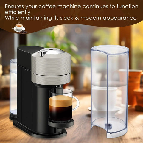 Feekoon water tank reservoir and lid cover for Nespresso Vertuo Next; clear tank beside coffee machine (2 items)