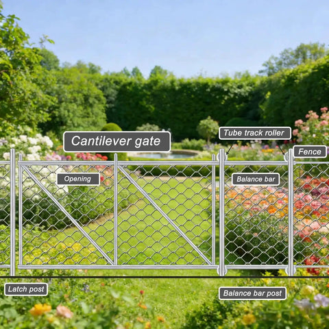 Cantilever gate with chain link fence, tube track roller, latch post, and labeled balance bars in a garden setting.