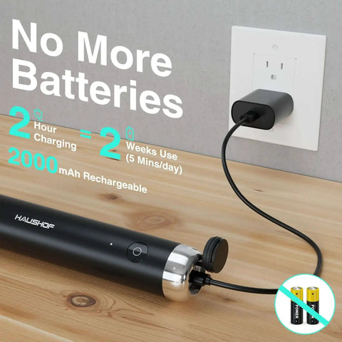 Powerful Rechargeable Milk Frother Wand With Stand Handheld Electric Foam Maker charging with Type C cable on countertop.