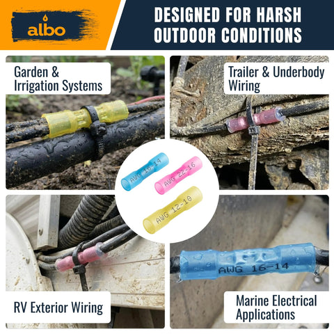 ALBO heat shrink butt connectors kit, 500 pcs, insulated copper crimps 22-16 AWG, blue pink yellow
