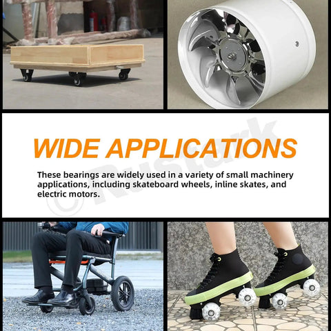 Wide applications of six size carbon steel deep groove ball bearing set with double shielding in furniture, skateboards, scooters.
