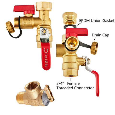 Brass 3/4" tankless water heater service valve kit with pressure-relief valve and red lever handles.