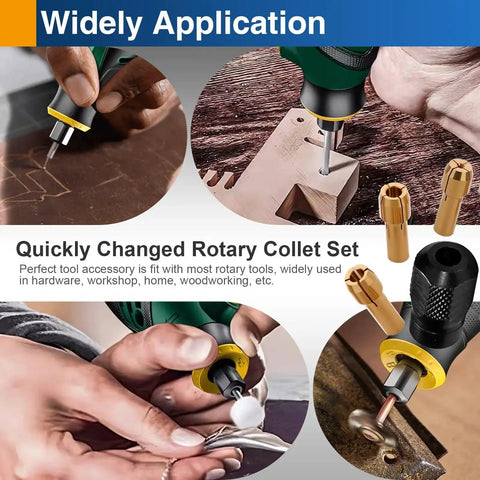 Brass Rotary Tool Collet Set with 1mm 1.6mm 2.4mm 3.2mm sizes 2 pack for precise fit, compatible with most rotary tools, in use
