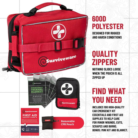 Comprehensive 238 Piece Survival First Aid Kit with labeled compartments and premium supplies, featuring 600D polyester design.