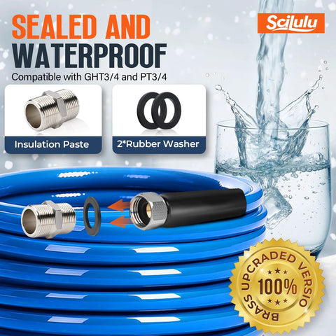 Scilulu 30ft heated RV water hose, blue with metal fittings and two rubber washers
