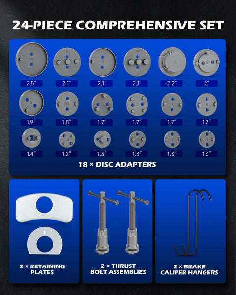 Orion Motor Tech brake caliper wind-back tool kit, 24-piece; front view shows 18 disc adapters and 2 caliper hangers.