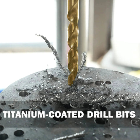 High Quality 99 Piece Drill Bit Set With 135 Degree Titanium Coated HSS Bits drilling through metal surface