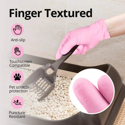 Pink Nitrile Gloves 3 Mil Latex Free Powder Free for Cleaning showing finger texture and anti-slip feature in use