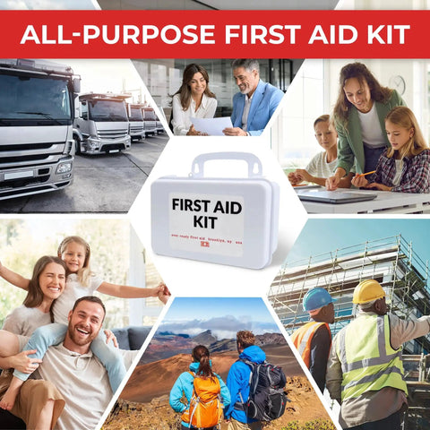 Collage with 10 Person First Aid Kit With OSHA And ANSI Class A Compliance for home, office, construction, and outdoor use.
