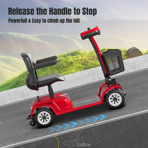 Side view of Movcan X-02 four-wheel red mobility scooter with foldable seat and front basket.