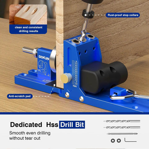 Close-up of Pocket Hole Jig Kit For Five Eighths Inch To Two Inch Range, Adjustable Pocket Screw Jig System with blue aluminum frame and vacuum adapter in use on wood.