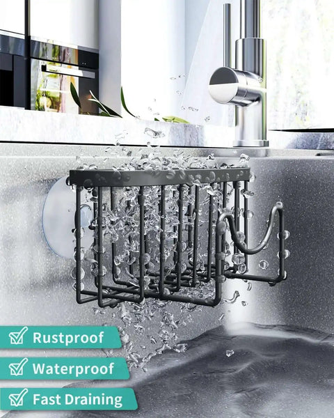 M Shaped Stainless Steel Kitchen Sink Caddy With Dual Mount Options And Rustproof Build shown with water drainage