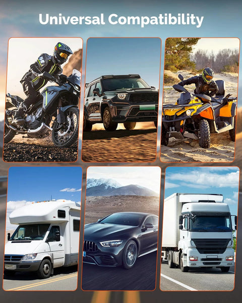 ETENWOLF T600 digital tire pressure gauge; collage shows motorcycles, SUV, RV, sedan and truck.