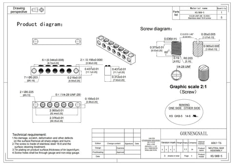 Technical drawing of Heavy Duty Aluminum 6061 Ground Bar Kit With Five Terminal Positions And Self Tapping Dovetail Screws, Two Piece Set