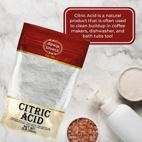 Citric Acid Powder 2 Lb Bag Food Grade Non GMO Granular For Cleaning Canning, product displayed on marble surface with salt.