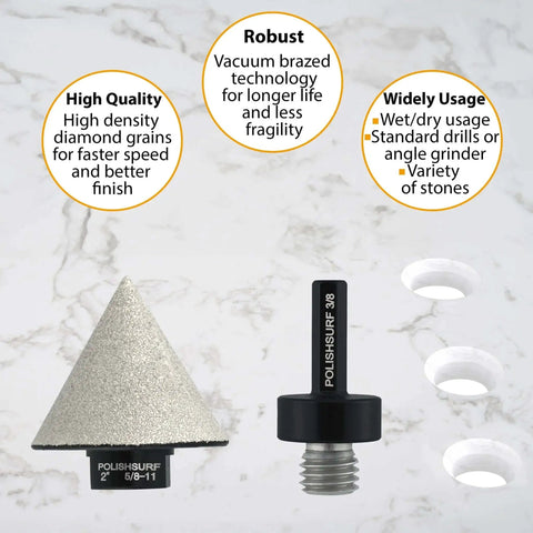 Diamond Beveling Chamfer Bit Two Inch for ceramic tile, porcelain, granite with adapter and protective case on marble background.