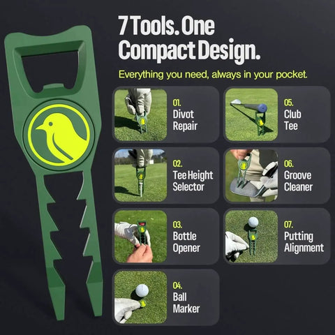 Seven In One Metal Golf Divot Tool With Magnetic Ball Marker And Tee Height Setter Includes Bottle Opener Groove Cleaner Putting Alignment And Club Tee A Durable Green Accessory Gift For Men And Women with tool features illustrated.