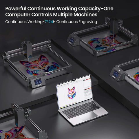 Beast Power 20000mW Laser Engraver And Cutter For Metal, Glass, Wood, Leather with laptop controlling multiple machines in workshop