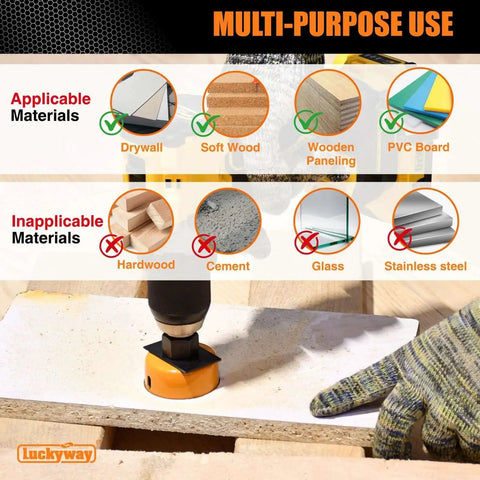 Close-up of Pro Hole Saw Kit Set cutting through soft wood, highlighting applicable drywall, softwood, and PVC use.