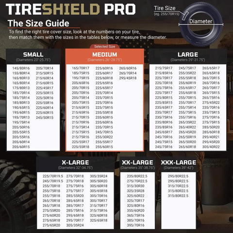 TireShield Pro size guide for Heavy Duty Tire Covers Set Of Four For 26 To 28.75 Inch Tires, displaying small to XXX-large sizes.
