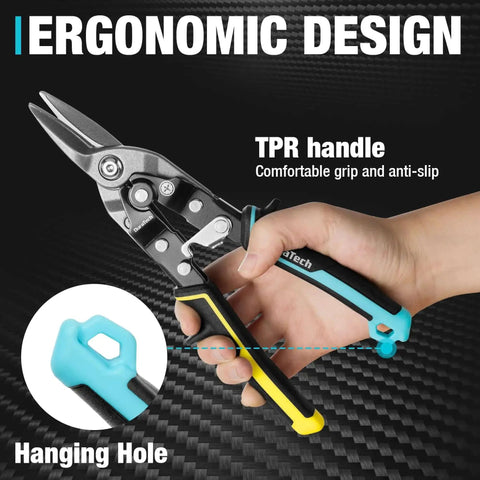 3 Piece Aviation Snips Set With 10 Inch Left Cut Straight Cut And Right Cut Tin Snips, ergonomic TPR handle, hanging hole.
