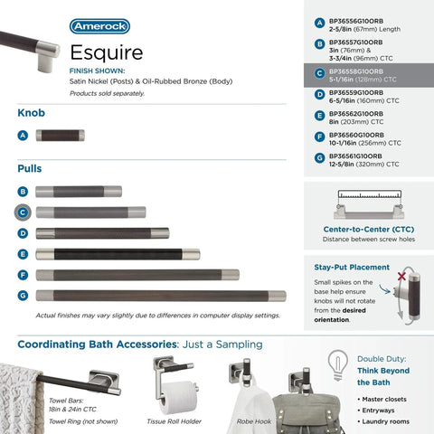 Esquire Satin Nickel And Oil Rubbed Bronze Cabinet Pull 128 mm Center To Center Drawer Handle, detailed product specifications and accessories.