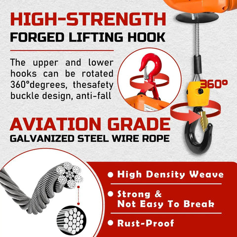 3 In 1 Portable Winch 1100 Lbs 1500W With Manual Wireless And Wired Remote, featuring high-strength forged lifting hook and steel wire rope.