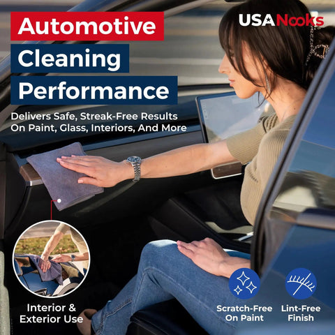 Person using Ultra Absorbent Microfiber Cleaning Cloths for Car Shine Streakfree 12 Pack on interior of car