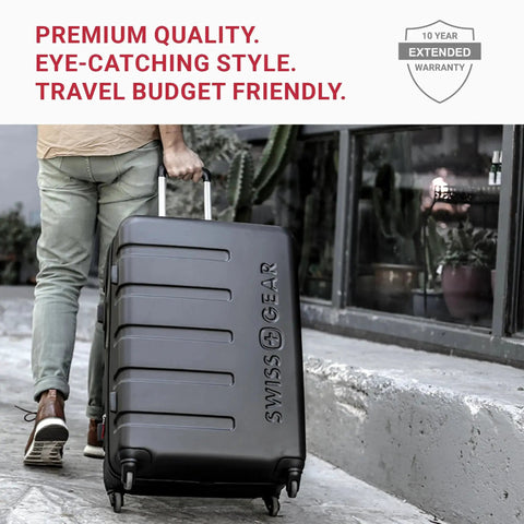 Expandable Carry On Luggage With Spinner Wheels For No Fuss Travel Easy 19 Inch Cabin Size Hardside Black Suitcase Ultra Durable Lightweight Build Fold Out Cup Holder 22 Inch Overall SwissGear