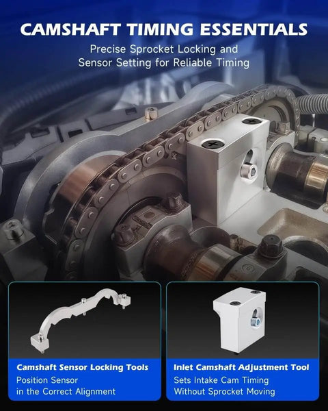 Camshaft timing tools for 1.0L-1.4L engines, including sensor locking tools, used for Chevy Aveo and Cruze maintenance.
